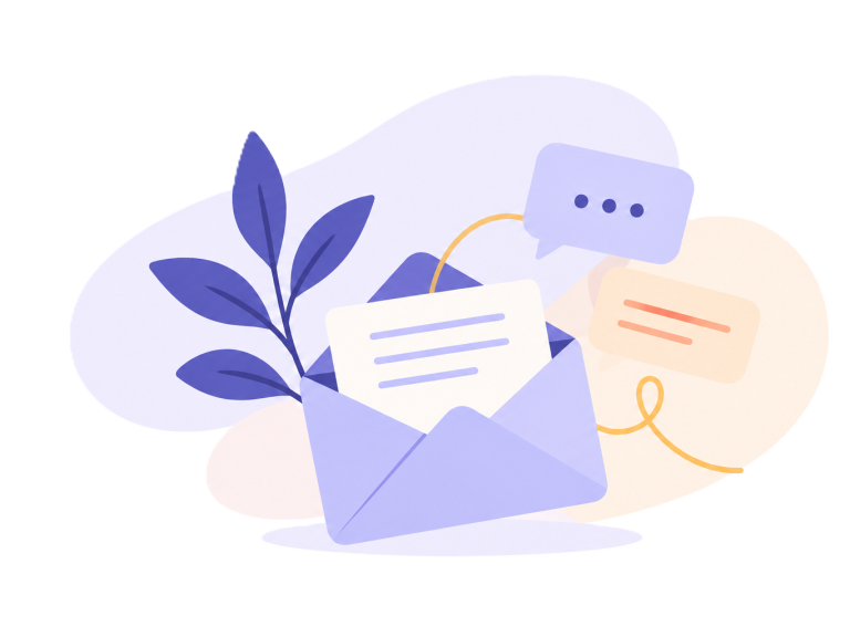 Illustration d'une enveloppe ouverte contenant une lettre, accompagnée de bulles de dialogue et de feuillages.